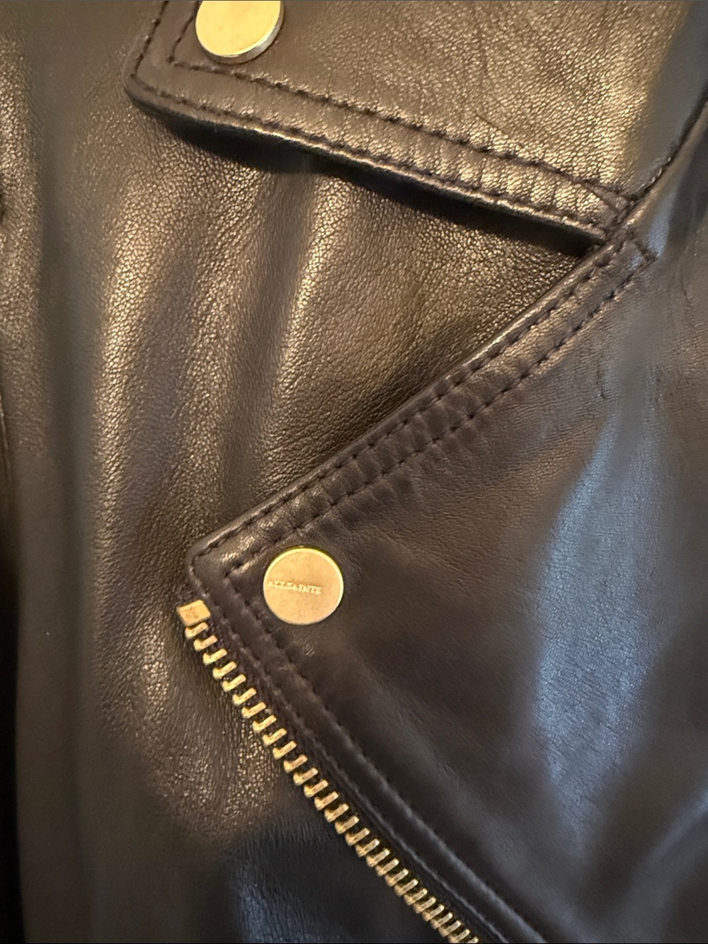 AllSaints Black Leather Asymmetric Biker Jacket with Gold Hardware - Picture 3 of 6